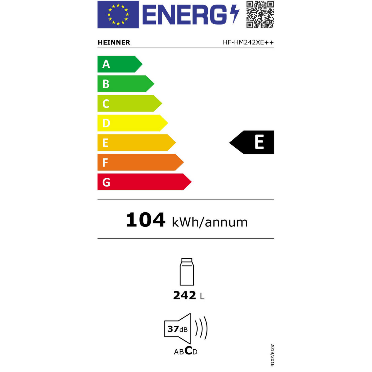 Frigo Heinner HF-HM242XE++ – 242 L – Classe énergétique E – Thermostat réglable – Éclairage LED – 4 clayettes en verre – Porte réversible – inox – 5 ans de garantie