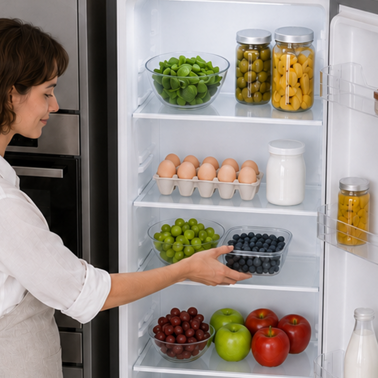 Frigo Heinner HF-HM242XE++ – 242 L – Classe énergétique E – Thermostat réglable – Éclairage LED – 4 clayettes en verre – Porte réversible – inox – 5 ans de garantie