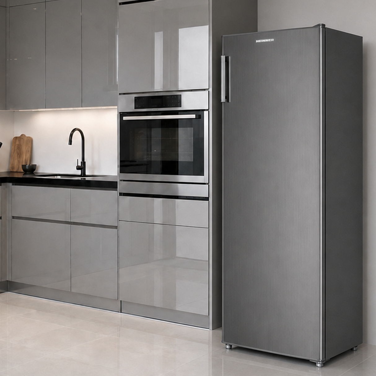 Frigo Heinner HF-HM242XE++ – 242 L – Classe énergétique E – Thermostat réglable – Éclairage LED – 4 clayettes en verre – Porte réversible – inox – 5 ans de garantie