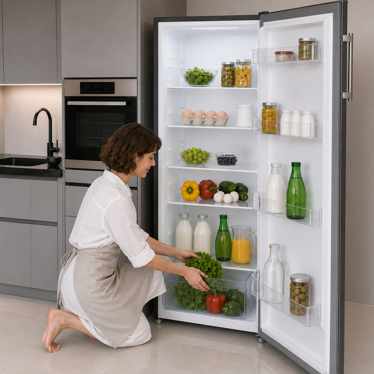 Frigo Heinner HF-HM242XE++ – 242 L – Classe énergétique E – Thermostat réglable – Éclairage LED – 4 clayettes en verre – Porte réversible – inox – 5 ans de garantie
