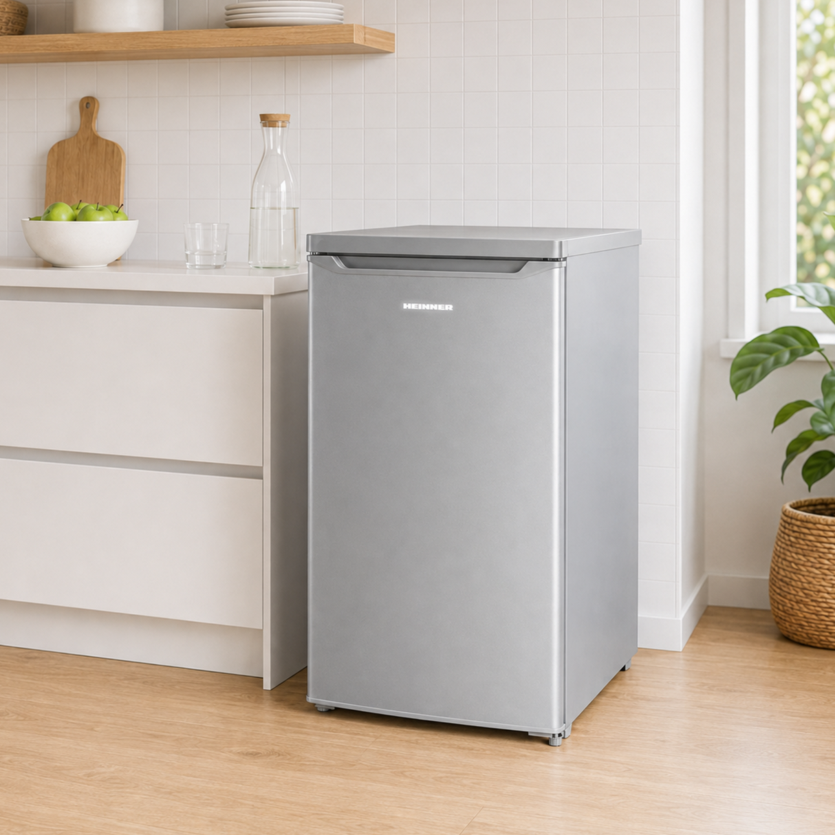 Frigo table top Heinner HF-HM127SE++ – 127 L – Thermostat réglable – Éclairage LED – Automatique Dégivrage – Porte réversible – Argent – 5 Ans de garantie