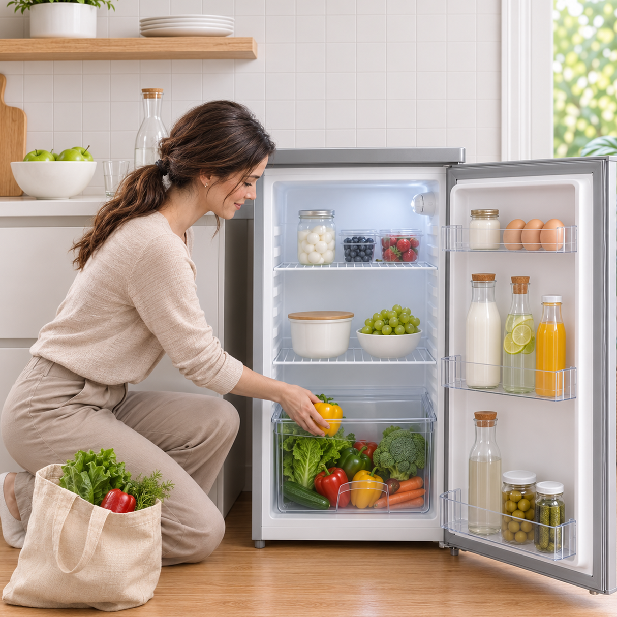 Frigo table top Heinner HF-HM127SE++ – 127 L – Thermostat réglable – Éclairage LED – Automatique Dégivrage – Porte réversible – Argent – 5 Ans de garantie