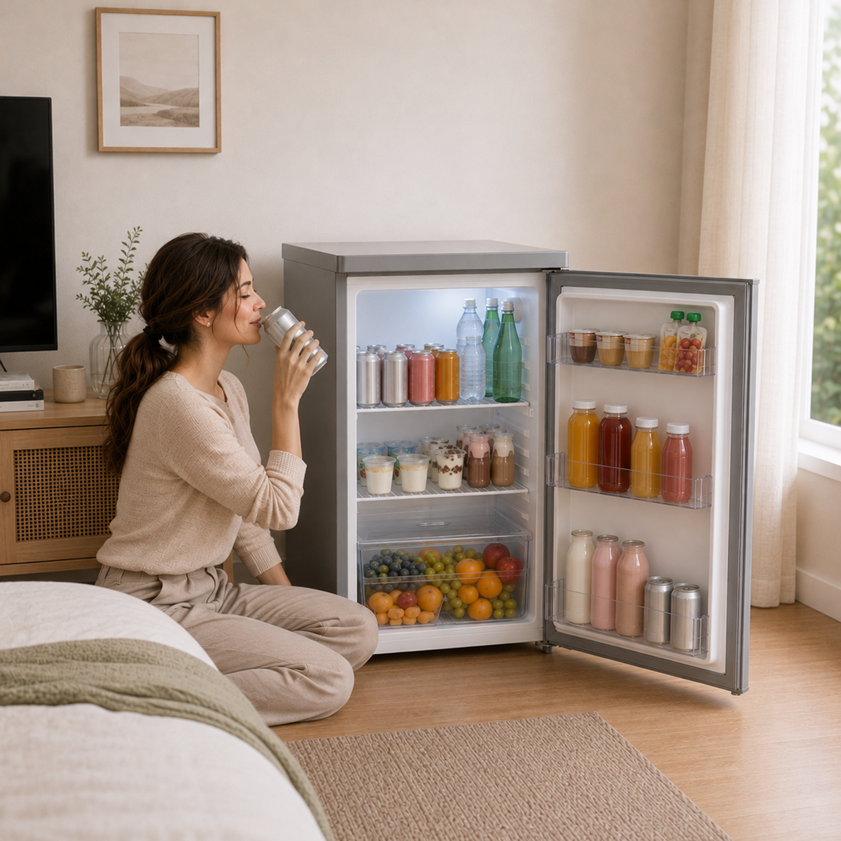 Frigo table top Heinner HF-HM127SE++ – 127 L – Thermostat réglable – Éclairage LED – Automatique Dégivrage – Porte réversible – Argent – 5 Ans de garantie