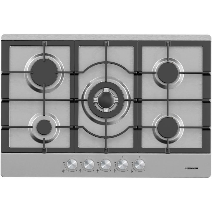 Heinner HBH-M705IWFIX Inbouw Gaskookplaat 75 cm – 5 Branders inclusief Wok – Gietijzeren Pannendragers – Elektronische Ontsteking