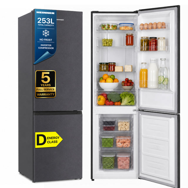 Heinner HCNF-HM253INVDGD Koel-vriescombinatie – 253 L – Total No Frost – Inverter Compressor – Energieklasse D – Elektronische Bediening met Instelbare Thermostaat – LED-verlichting – Antraciet – 5 Jaar Garantie – foto 1
