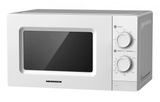 Heinner HMW-MD20MWH magnetron met 20 liter inhoud en 700 watt vermogen. Wit apparaat met zwarte raampje, draaiknop voor 