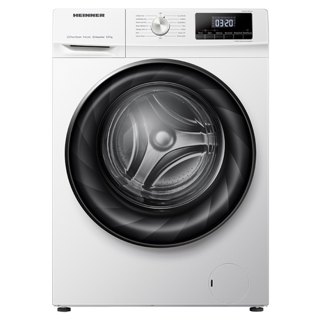 Heinner was-droogcombinatie HWDM-H8514A met witte behuizing, zwarte drommel en digitaal display vooraanzicht
