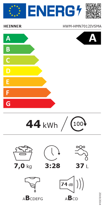 Heinner wasmachine HWM-HMN7012IVSMA – 7 kg – inverter – energielabel A