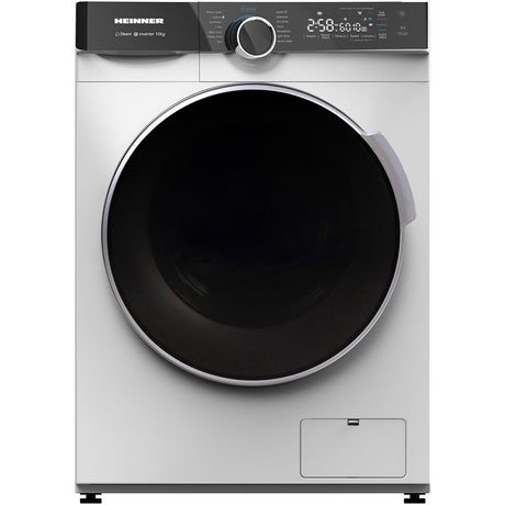 Heinner HWM-M1014IVKA+++ wasmachine met 10 kg capaciteit, 1400 RPM, in wit/zilver met zwarte deur en digitaal display.