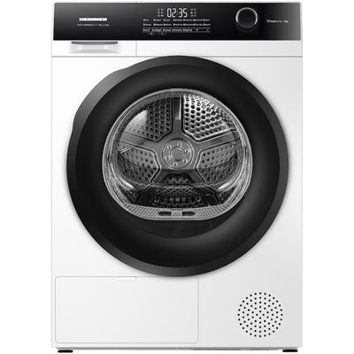 Heinner warmtepompdroger HHPD-HMK90IVFC+++ met 9 kg capaciteit, wit met zwart display en touchbediening, vooraanzicht.