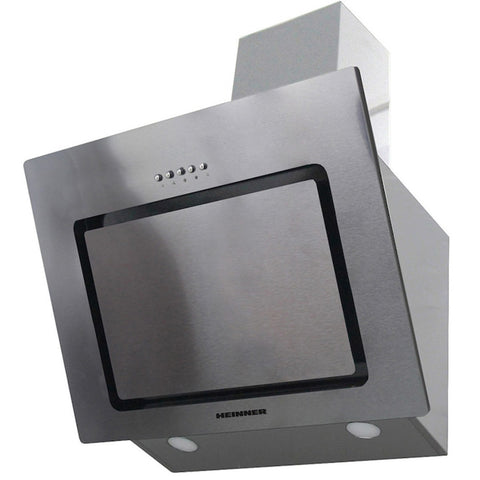 Heinner DCH-650RIX schuine afzuigkap in roestvrijstaal met zwart glas en digitale bedieningsknoppen.