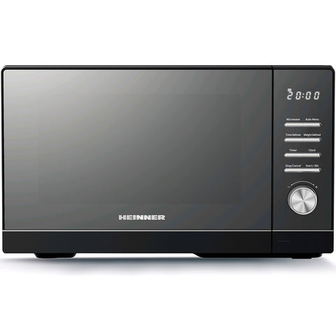 Heinner magnetron HMW-MD25DMRBK vooraanzicht, zwart design met digitaal display op 20:00, bedieningspaneel met knoppen a