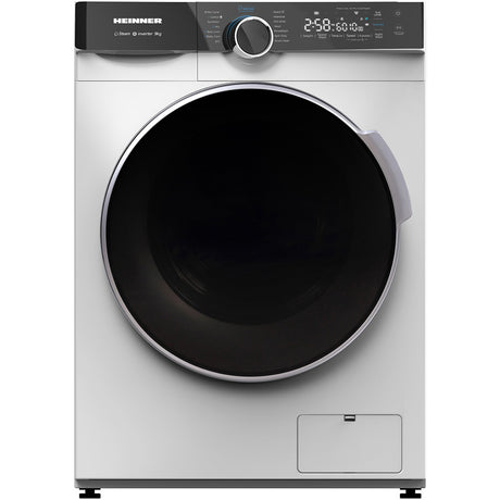 Heinner HWM-M914IVKA+++ wasmachine met wit front, grote zwarte trommel en digitale display aan de bovenkant met knoppen.