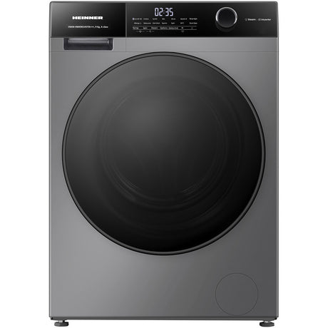 Heinner HWM-HMK9014IVTA+++ wasmachine frontaanzicht met grijze behuizing en zwart display