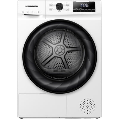 Heinner HHPD-H90FRA++ warmtepompdroger frontaanzicht met controleknop en digitaal display met tijd 03:20