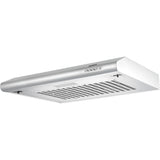 Heinner CH-201SS afzuigkap 60 cm in zilver en wit, gezien van schuin boven met zichtbare filtergaas en bedieningsknoppen