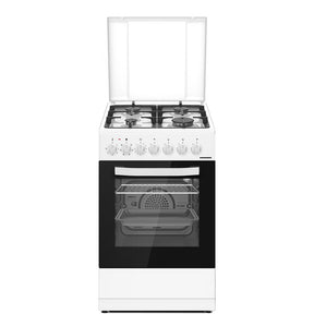 Heinner gasfornuis HFSC-S65MIXF-WH met 4 gasbranders en multifunctionele oven, volledig vooraanzicht