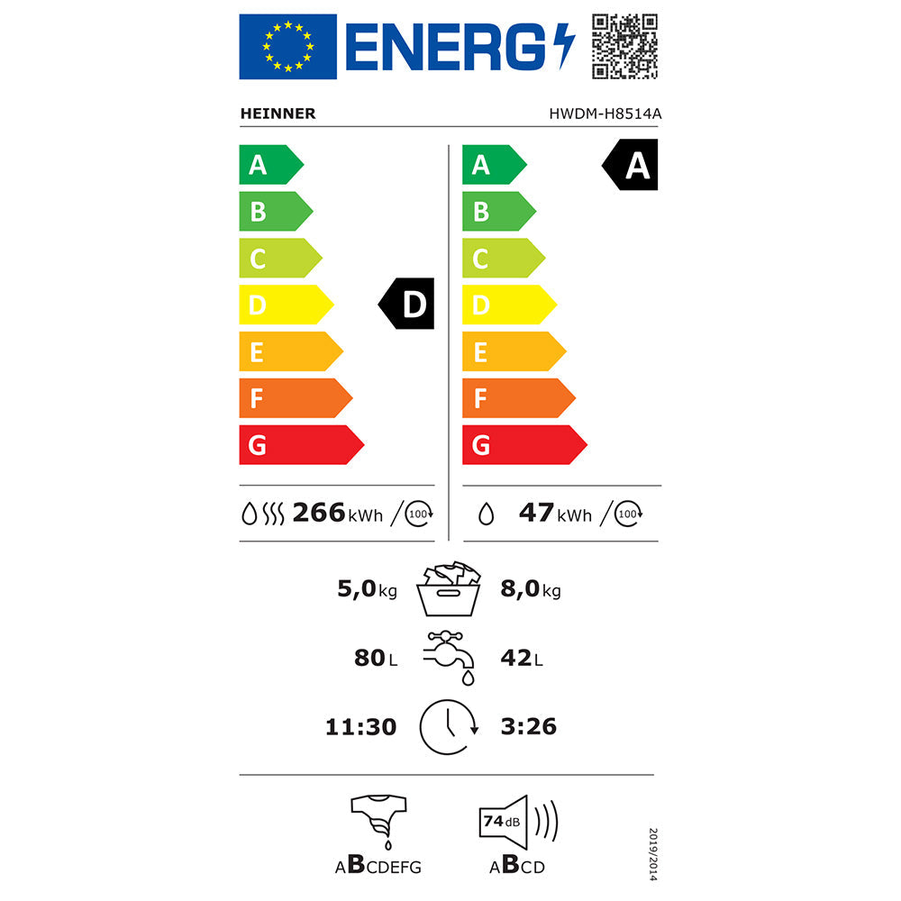 Heinner was-droogcombinatie HWDM-H8514A – 8/5 kg – 1400 RPM – energielabel D (Tweedekans)