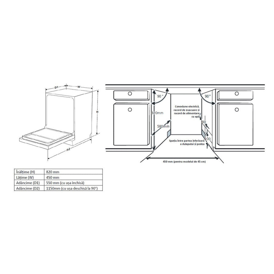 Heinner Integrated Dishwasher HDW-BIM45710A – 45 cm – 10 place settings – AquaStop – dimension drawing