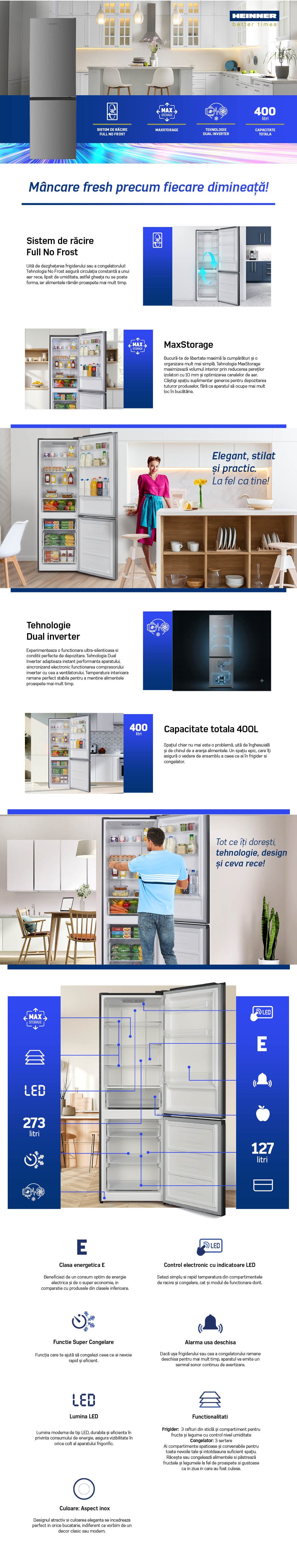 Heinner HCNF-HM400INVXE koel-vriescombinatie – 400 liter – No Frost – inverter – energielabel E – rvs-look