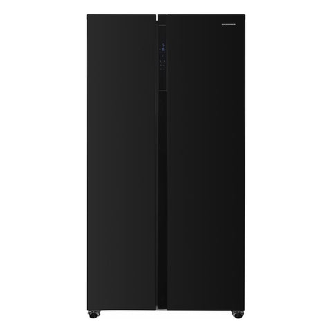 Heinner HSBS-H442NFBKE++ Amerikaanse koelkast met zwarte afwerking en dubbele deur ontwerp met waterdispenser.