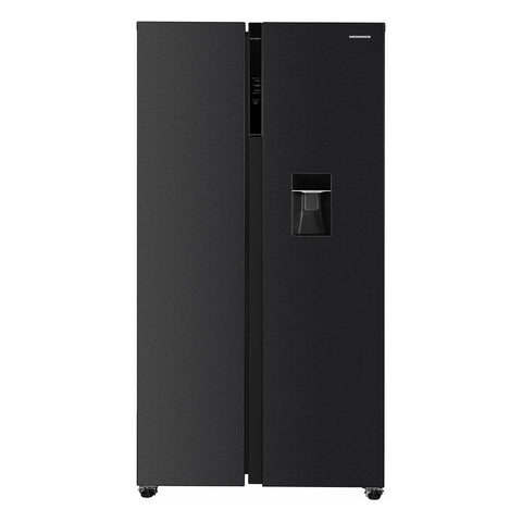 Heinner Amerikaanse koelkast HSBS-HM592NFDXWDE+ in zwart met dubbele deur en waterdispenser aan de rechterkant.