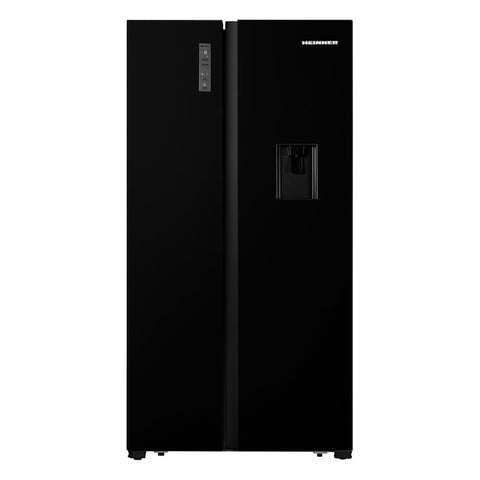 Heinner Amerikaanse koelkast HSBS-HS519NFBKWDE++ in zwart met side-by-side deuren en waterdispenser.