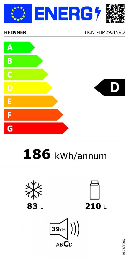 Heinner HCNF-HM293INVD koel-vriescombinatie – 293 liter – No Frost – inverter – energielabel D – wit
