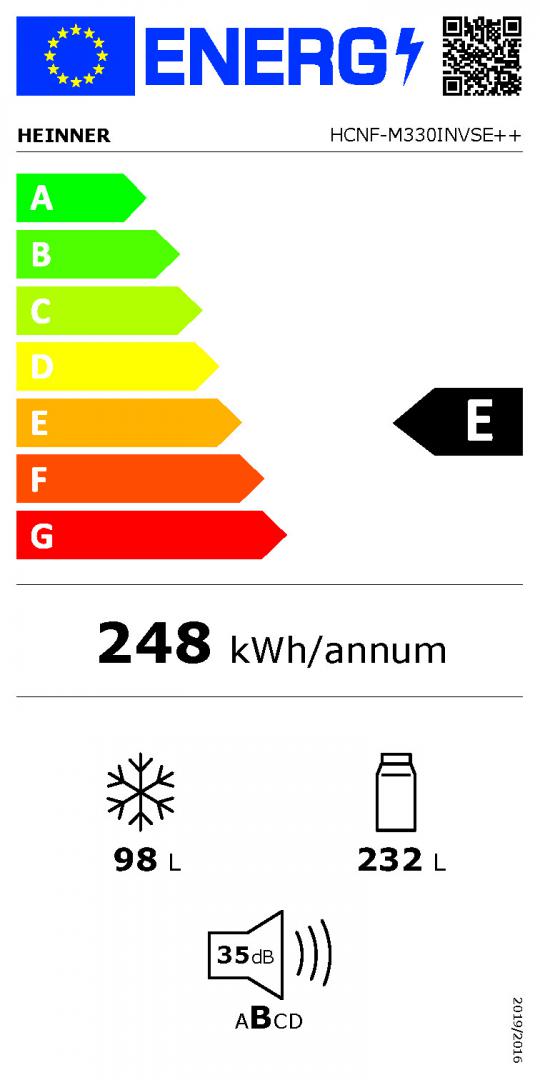 Heinner HCNF-M330INVSE koel-vriescombinatie – 330 liter – No Frost – inverter – energielabel E – zilver