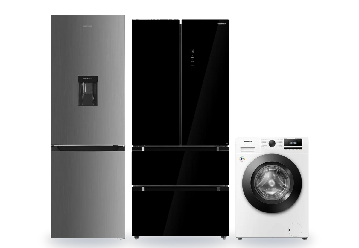 Heinner koel-vriescombinatie, Amerikaanse koelkast en wasmachine naast elkaar